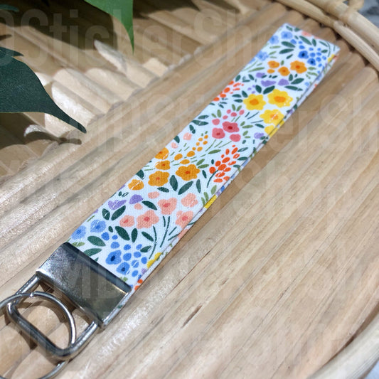 White Spring Floral Print Fabric Keychain