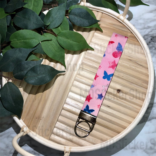 Pink Glitter Butterfly Print Fabric Keychain, Key Fob