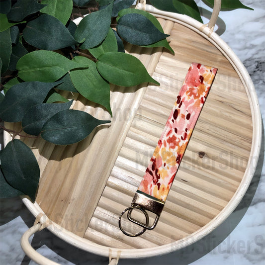 Warm Abstract Floral Print Fabric Keychain, Key Fob