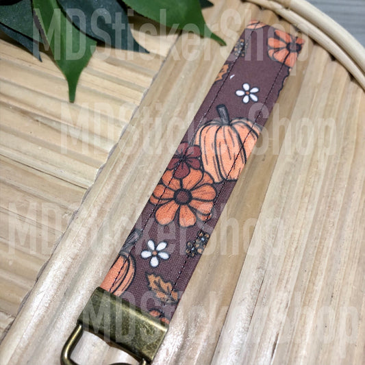 Brown Floral Pumpkin Print Fabric Keychain, Key Fob