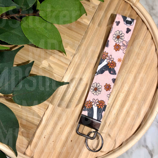 Floral Cow Print Fabric Keychain