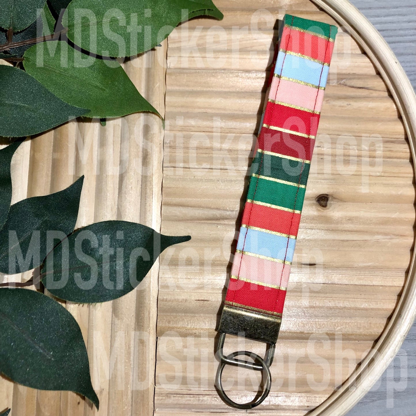 Holiday Stripe Print Fabric Keychain, Key Fob