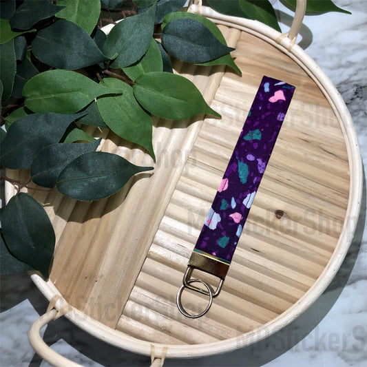 Purple Terrazzo Print Fabric Keychain, Key Fob