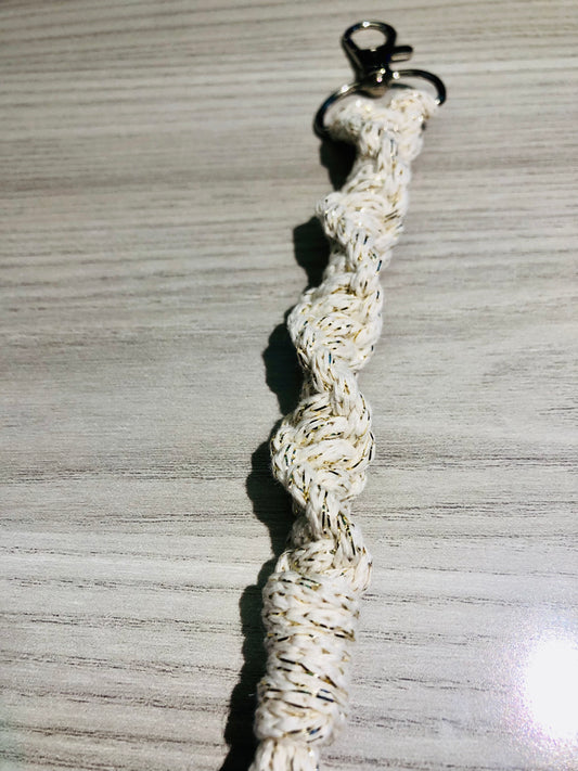 Cream with Gold Metallic Twisted Macrame Keychain