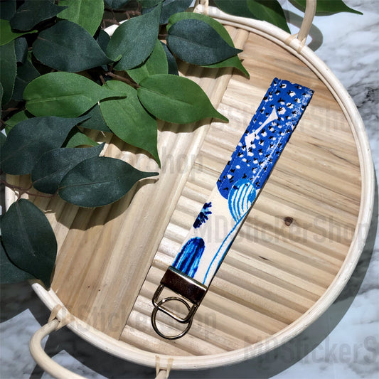 Blue Cactus Print Fabric Keychain, Key Fob