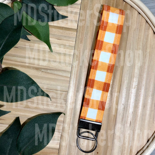 Orange and White Plaid Print Fabric Keychain, Key Fob