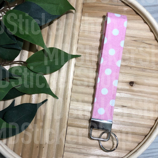 Bubblegum Pink Polka Dot Print Fabric Keychain, Key Fob