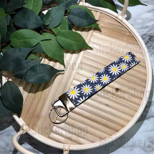 Navy Daisy Print Fabric Keychain, Key Fob