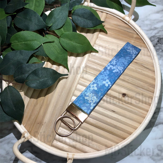Blue Hydrangea Print Fabric Keychain, Key Fob