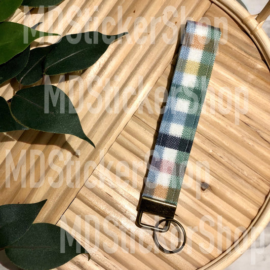 Fall Plaid Print Fabric Keychain, Key Fob