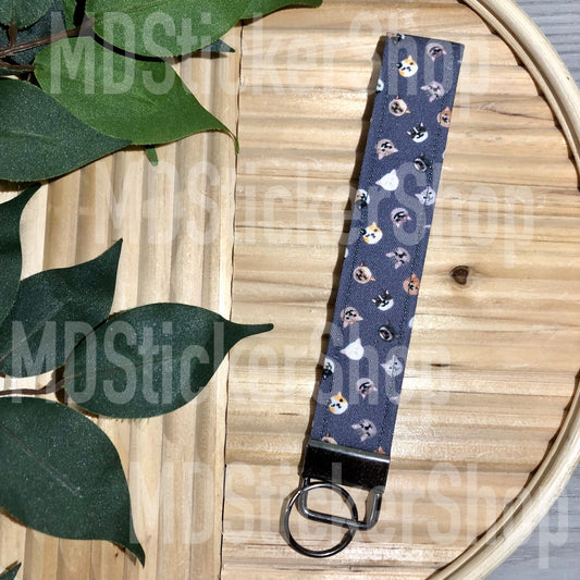 Charcoal Cat Print Fabric Keychain, Key Fob