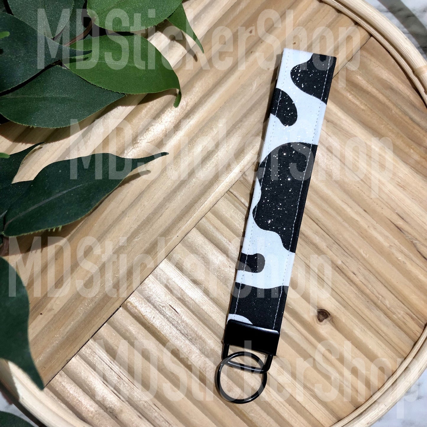Black and White Glitter Cow Print Fabric Keychain, Key Fob