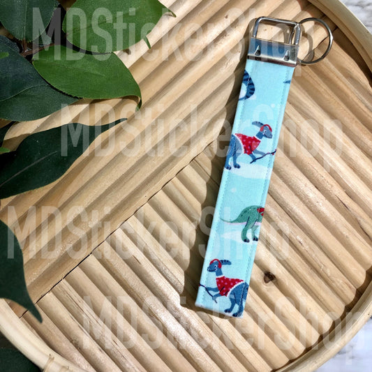 Skiing Dinosaurs Print Fabric Keychain, Key Fob