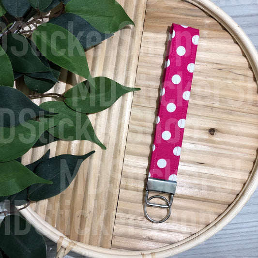 Hot Pink Polka Dot Print Fabric Keychain, Key Fob