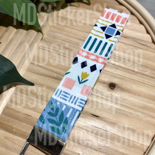 Floral Stripe Print Fabric Keychain, Key Fob