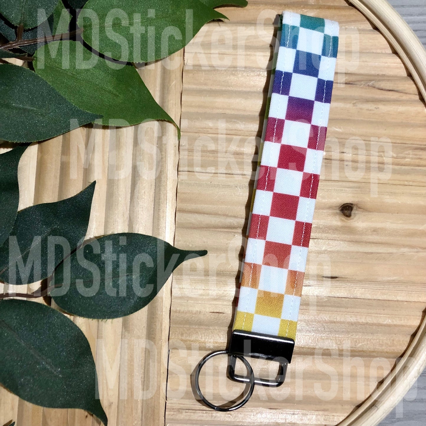 Rainbow C	heck Print Fabric Keychain, Key Fob