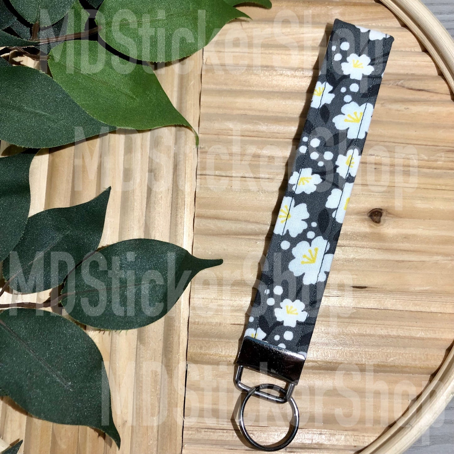 Charcoal Floral Print Fabric Keychain, Key Fob
