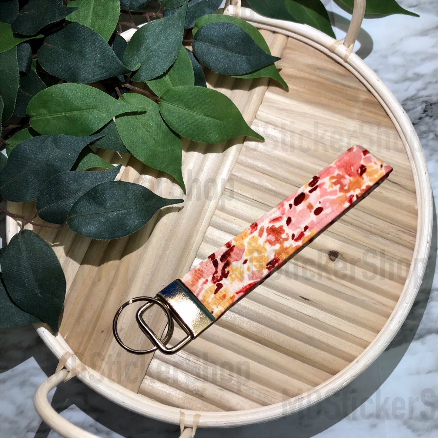 Warm Abstract Floral Print Fabric Keychain, Key Fob