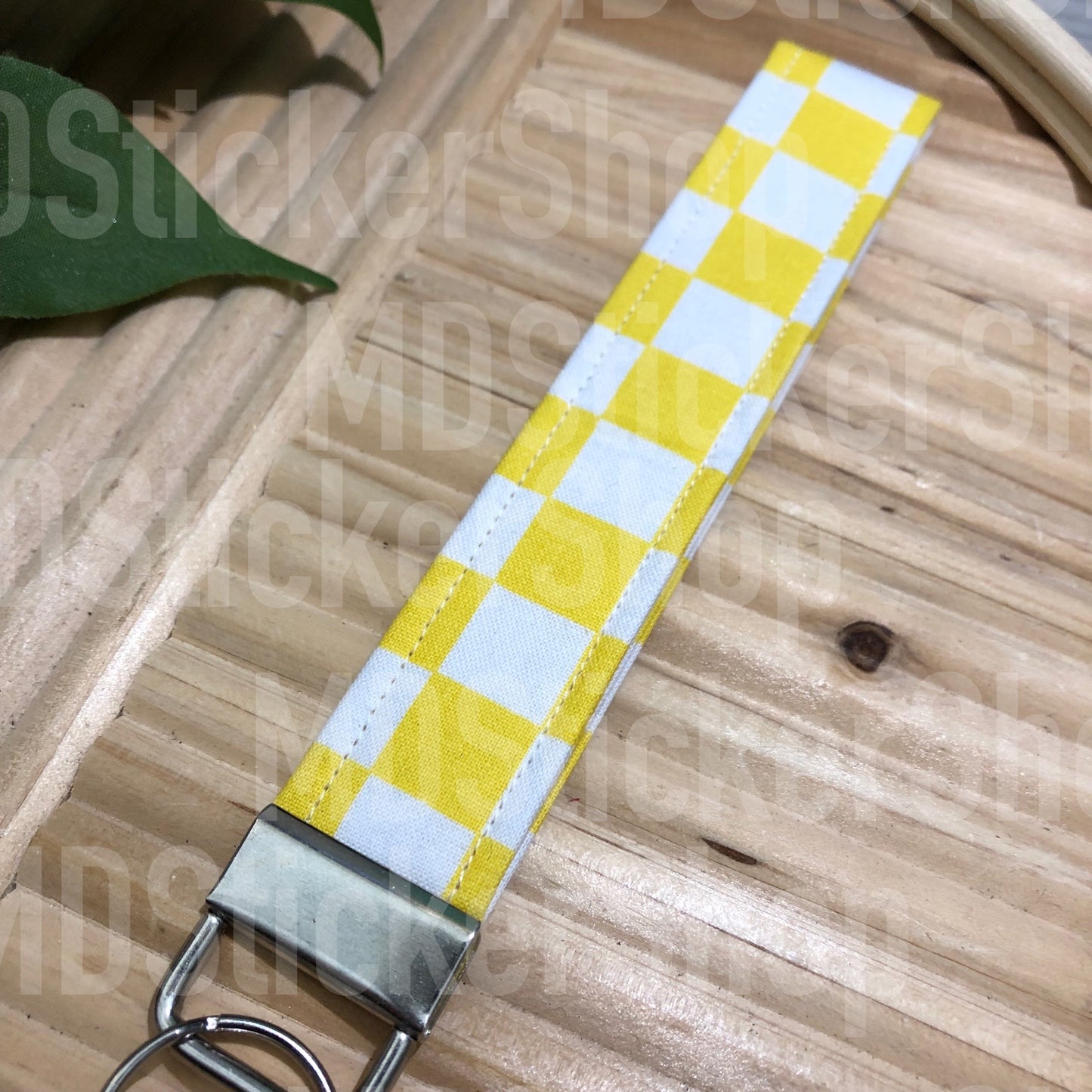 Yellow Check Print Fabric Keychain, Key Fob