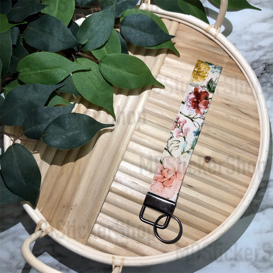 Vintage Floral Print Fabric Keychain, Key Fob