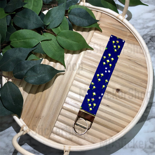 Mini Yellow Florals on Blue Print Fabric Keychain, Key Fob
