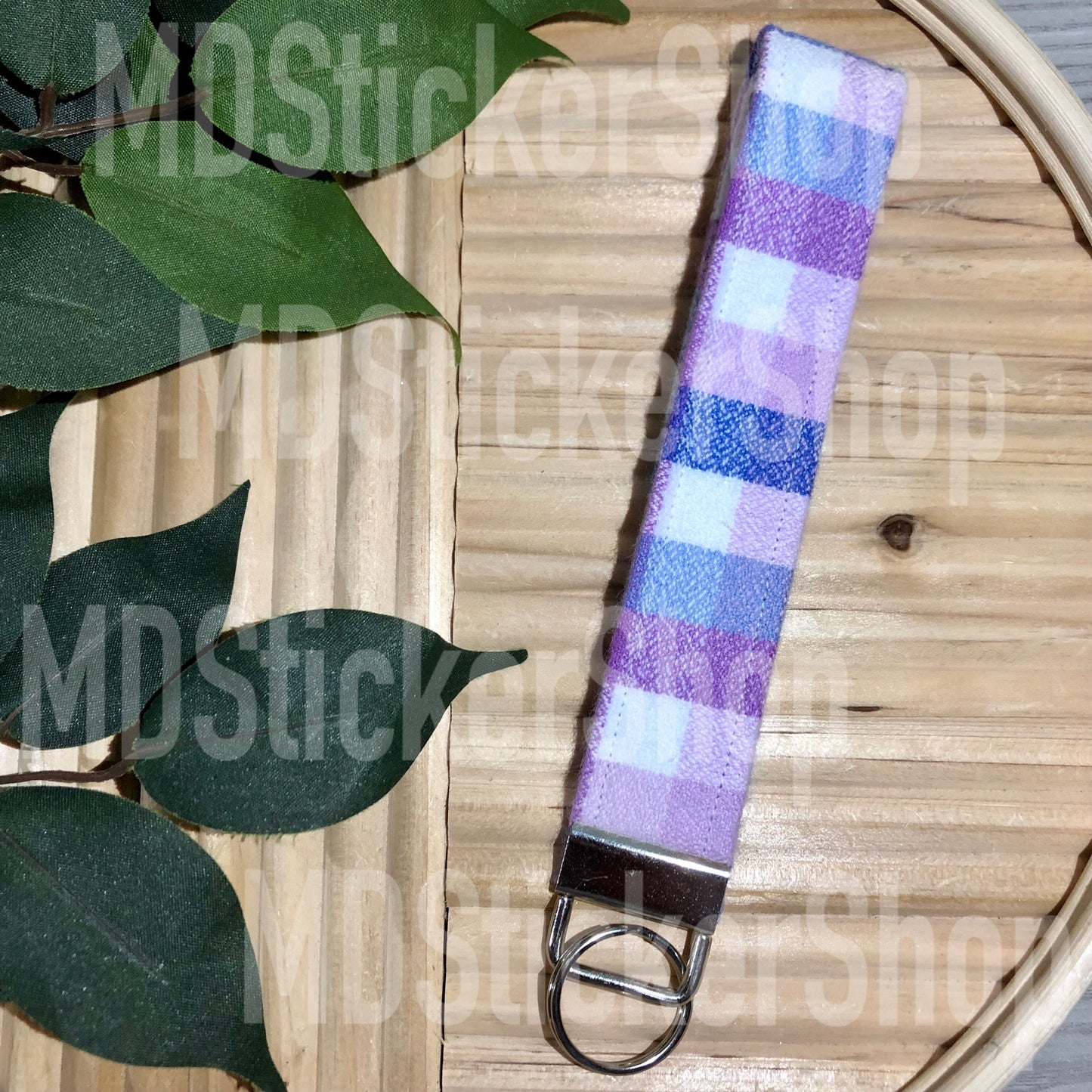 Purple Plaid Flannel Print Fabric Keychain, Key Fob