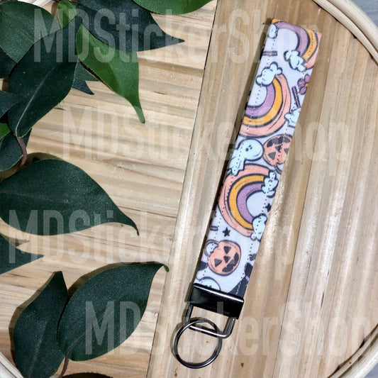 Halloween Rainbow & Pumpkin Print Fabric Keychain, Key Fob
