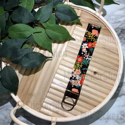 Black Floral Print Fabric Keychain, Key Fob