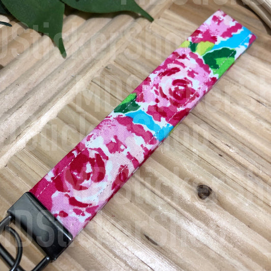 Watercolor Rose Print Fabric Keychain, Key Fob