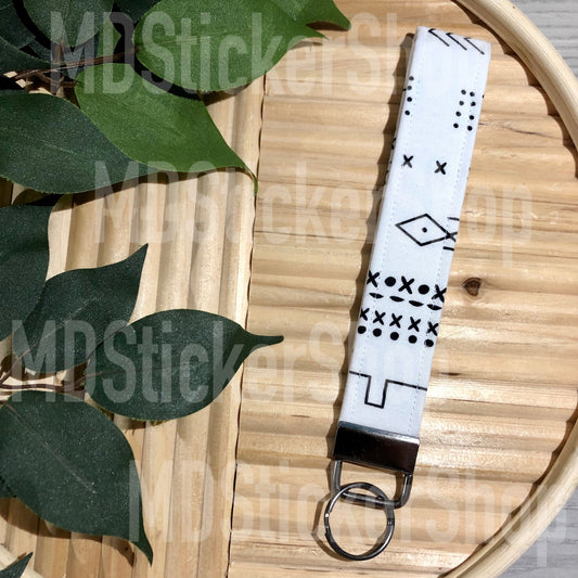 White Mudcloth Print Fabric Keychain, Key Fob