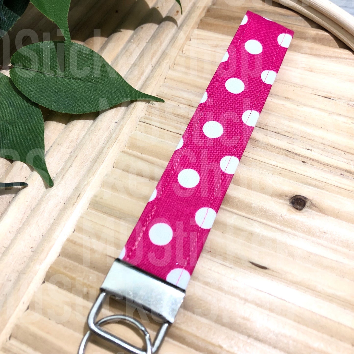 Hot Pink Polka Dot Print Fabric Keychain, Key Fob