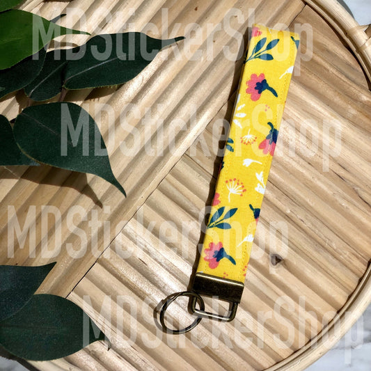 Golden Floral Print Fabric Keychain, Key Fob
