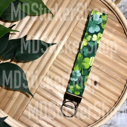 Green Clover Print Fabric Keychain, Key Fob