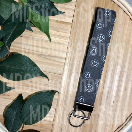 Charcoal Black Smiley Print Fabric Keychain, Key Fob