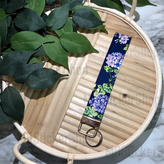 Purple Hydrangea on Navy Print Fabric Keychain, Key Fob