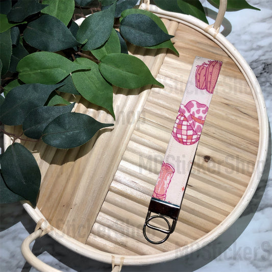 Pink Cowgirl Print Fabric Keychain, Key Fob