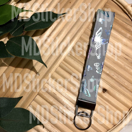 Grey Metallic Butterfly Print Fabric Keychain, Key Fob