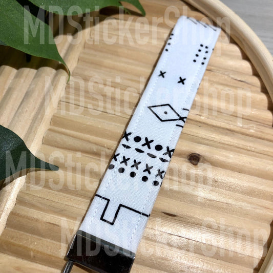 White Mudcloth Print Fabric Keychain, Key Fob