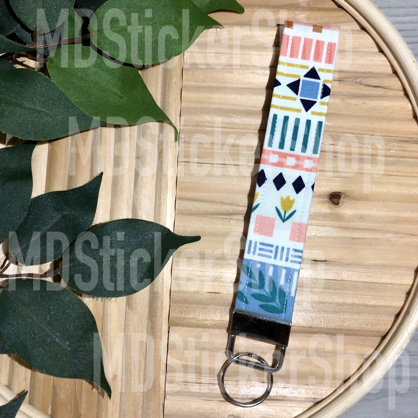 Floral Stripe Print Fabric Keychain, Key Fob