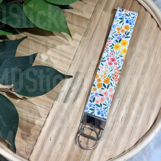 White Spring Floral Print Fabric Keychain