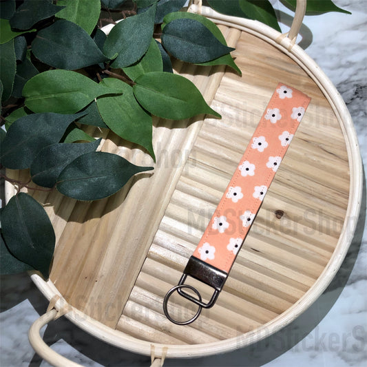 White Flowers on Peach Print Fabric Keychain, Key Fob