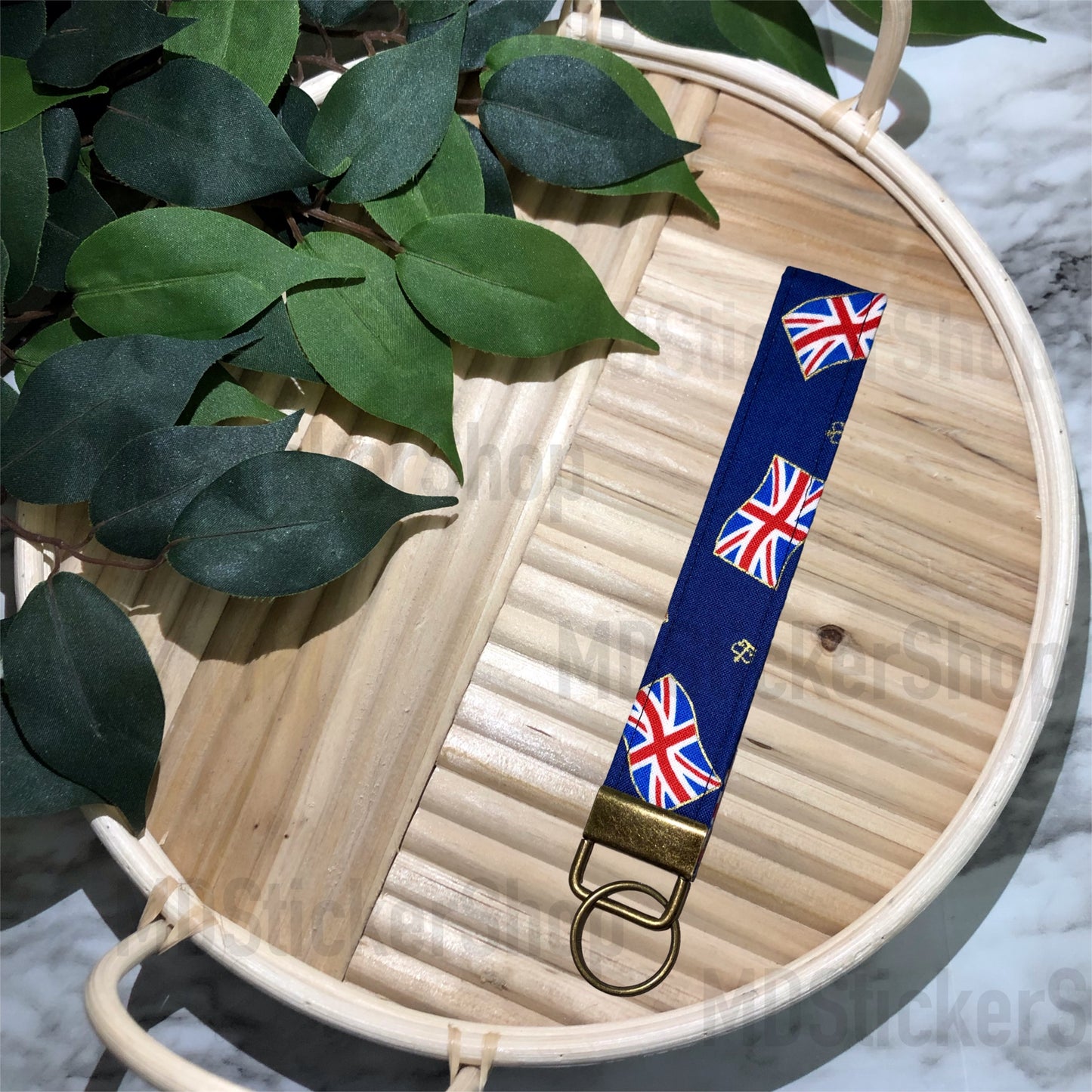 Union Jack Flag on Navy Print Fabric Keychain, Key Fob