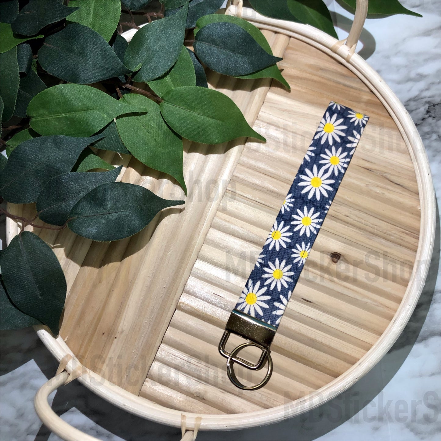 Navy Daisy Print Fabric Keychain, Key Fob