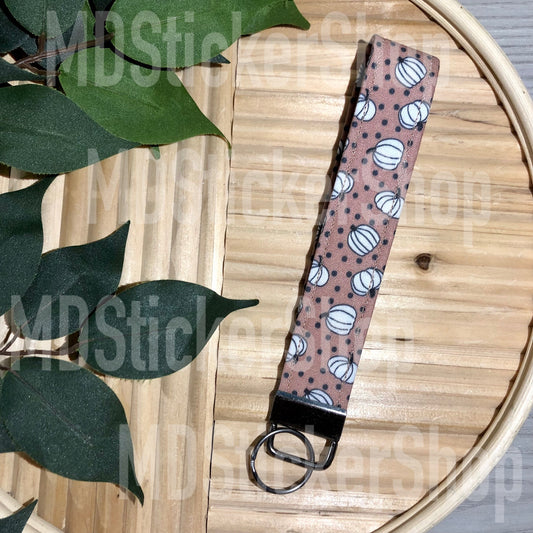 Brown Pumpkin Dot Print Fabric Keychain, Key Fob