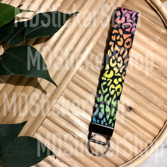 Black Rainbow Leopard Print Fabric Keychain, Key Fob