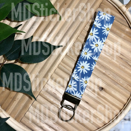 Blue Daisy Print Fabric Keychain, Key Fob