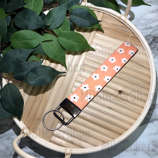 White Flowers on Peach Print Fabric Keychain, Key Fob