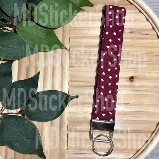 Maroon Star Print Fabric Keychain, Key Fob