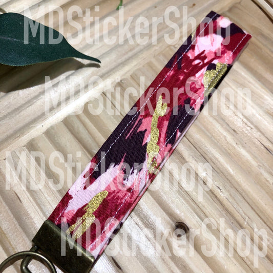 Red and Metallic Gold Swatch Print Fabric Keychain, Key Fob