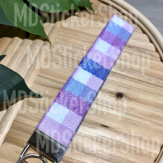 Purple Plaid Flannel Print Fabric Keychain, Key Fob